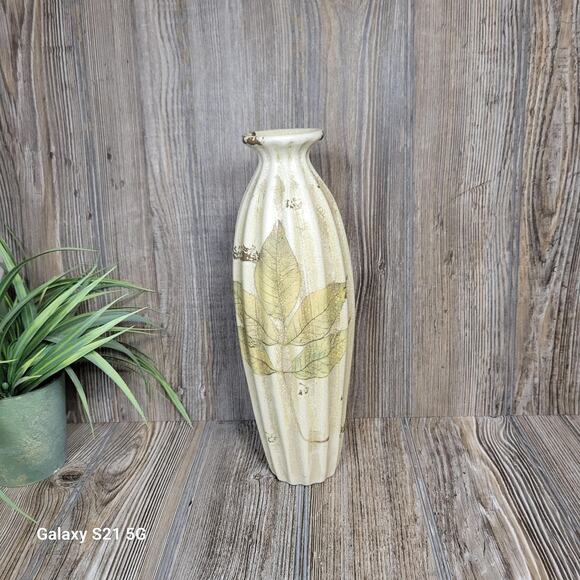Vintage Green Leaf Vase, Ceramic Bottle Neck Vertical Rib Pottery - Picture 1 of 6